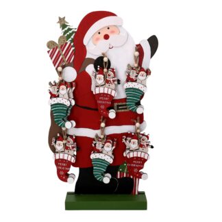 Babbo natale legno espositore c/12 addobbo cappello 1-2 rosso cm23x6h43