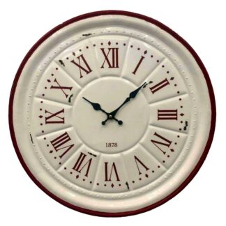 Orologio legno metallo bianco anticato bordo rosso cmø50x4,5