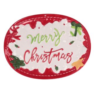 Centrotavola ceramica scritta Merry Christimas rosso cm30x2,5x22