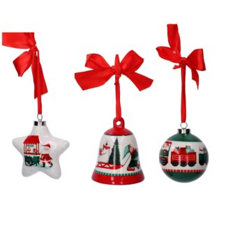Addobbo ceramica sfera, stella, campanabianco 3 assortiti cm10,3x3,5x10,8